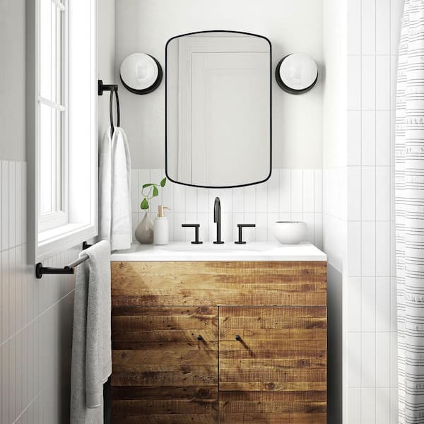 18 in. W x 27 in. H Arched Recessed and Surface Mount Metal Framed Bathroom Medicine Cabinet with Mirror in Matt Black