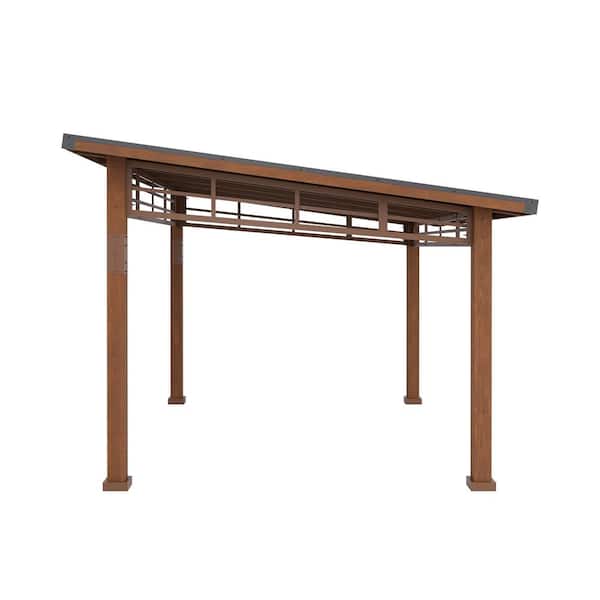 Hampton 12 ft. x 14 ft. Brown Cedar Wooden Gazebo with HardTop Iron Slope Roof Grill Gazebo Rot Resistant Pavilion