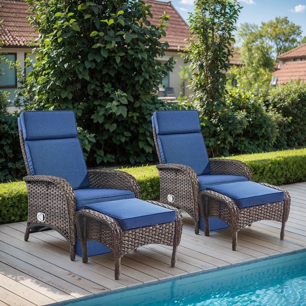 PlainCurve 4-Piece Brown Wicker Outdoor Recliner Chairs Patio Conversation Set with Olefin Blue Cushions and Ottomans