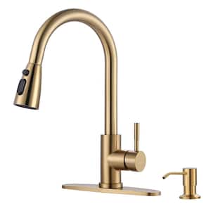 Single Handle Pull Down Sprayer Kitchen Faucet with Deckplate and Soap Dispenser in Gold