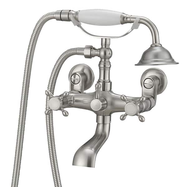 HOMEMYSTIQUE 3-Handle Claw Foot Freestanding Tub Faucet with Telephone Hand Shower in Brushed Nickel