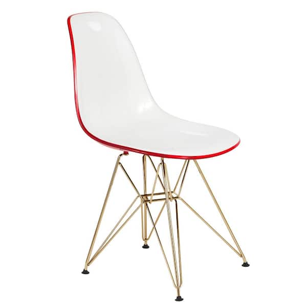 Leisuremod Cresco Modern Plastic Molded Dining Side Chair with Eiffel Gold Legs White Red