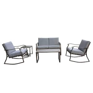 Brown 5-Piece Wicker Metal Outdoor Sectional Set with Gray Cushions