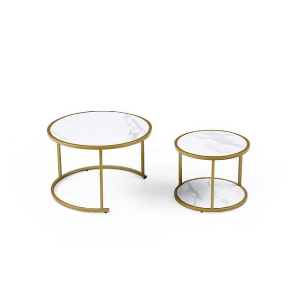 Sudzendf White Marble MDF Top Outdoor Coffee Table with Gold Metal Frame (Set of 2)