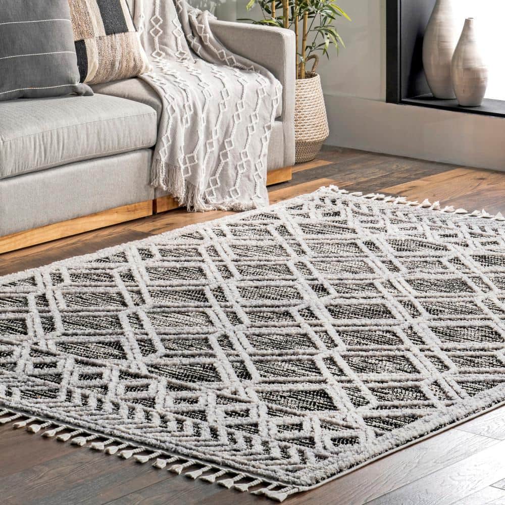 Grey Moroccan Lattice Tassel Runner Rug 2' x 6'