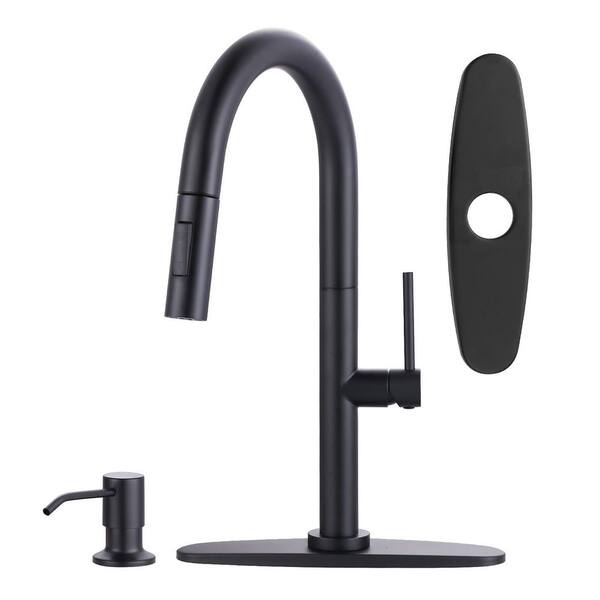 17 in. Single Handle 360° Swivel Pull-Down Sprayer Kitchen Faucet with Soap Dispenser in Matte Black