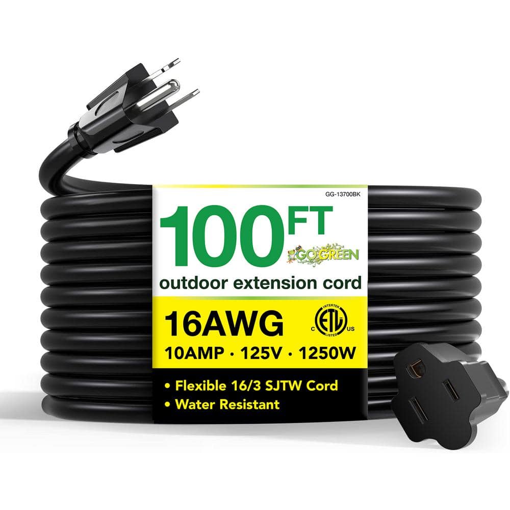 GoGreen Power 100 ft. 16/3 SJT W-A Extension Cord - Black gg