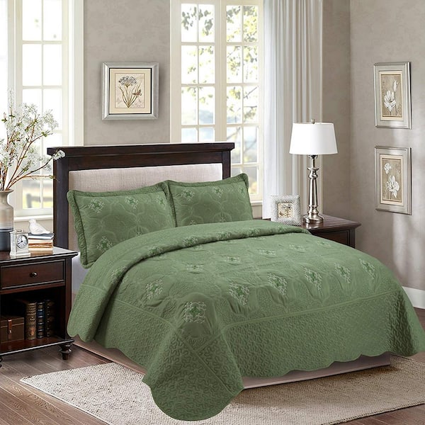 MarCielo Emma-3-Piece Sage/Green Embroidered Polyester Queen Size Lightweight Quilt Set