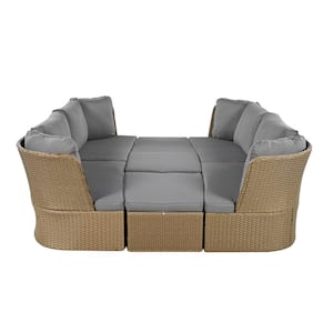 Brown 5-Piece Wicker Outdoor Patio Conversation Set with Gray Cushions