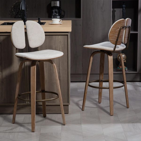 Betrys Beige Washed Woven Fabric Swivel Bar Stool with White Washed Wood Legs (Set of 2)