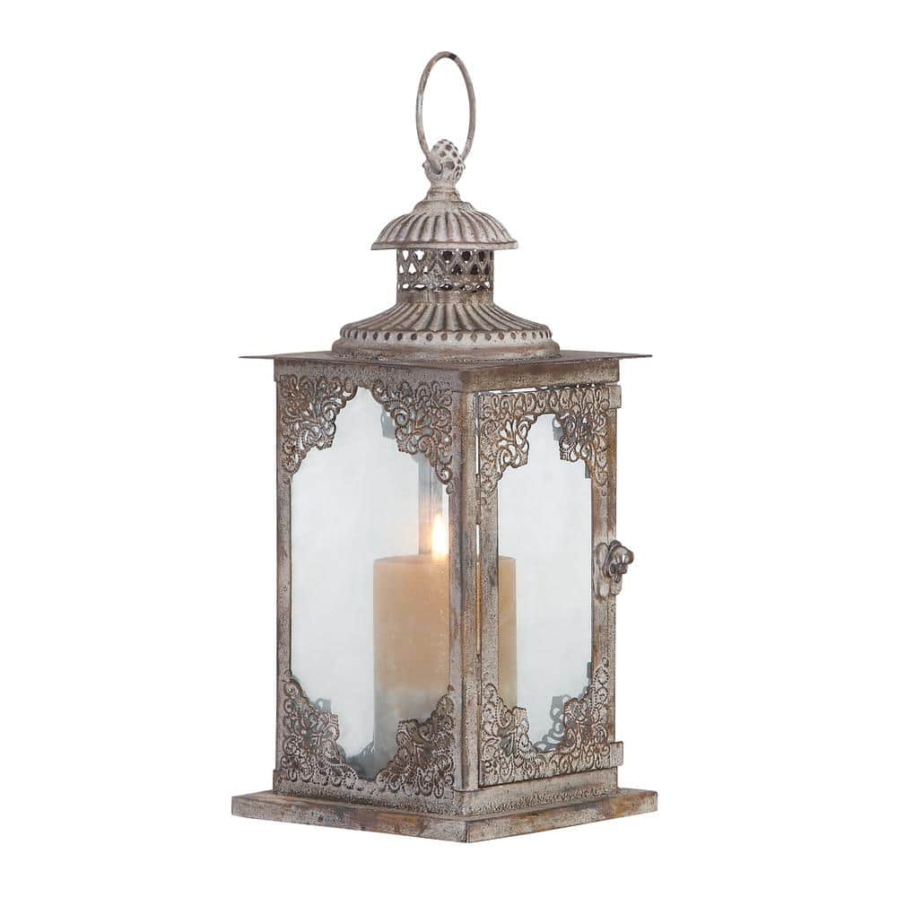 Elegant Tarnished Gray Iron and Glass Tabletop Lantern