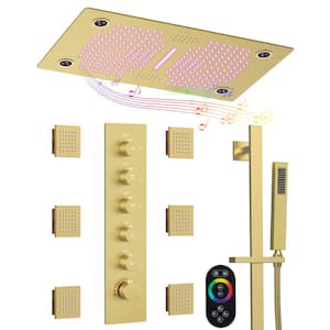 Thermostatic 31-Spray 28 x 16 in. Rectangle LED Mood Lighting Bluetooth Music Shower System with Valve in Brushed Gold