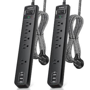 5-Outlet Power Strip Surge Protector with 3 USB Ports and 15 ft. Extension Cord, Black (2-Pack)