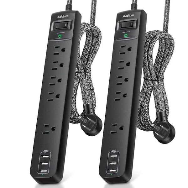 Etokfoks 5-Outlet Power Strip Surge Protector with 3 USB Ports and 15 ft. Extension Cord, Black (2-Pack)