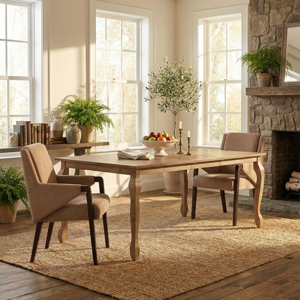 Transitional Farmhouse Style Rectangular Extendable Natural Wood 36.8 in. 4 Legs Dining Table Seats 6