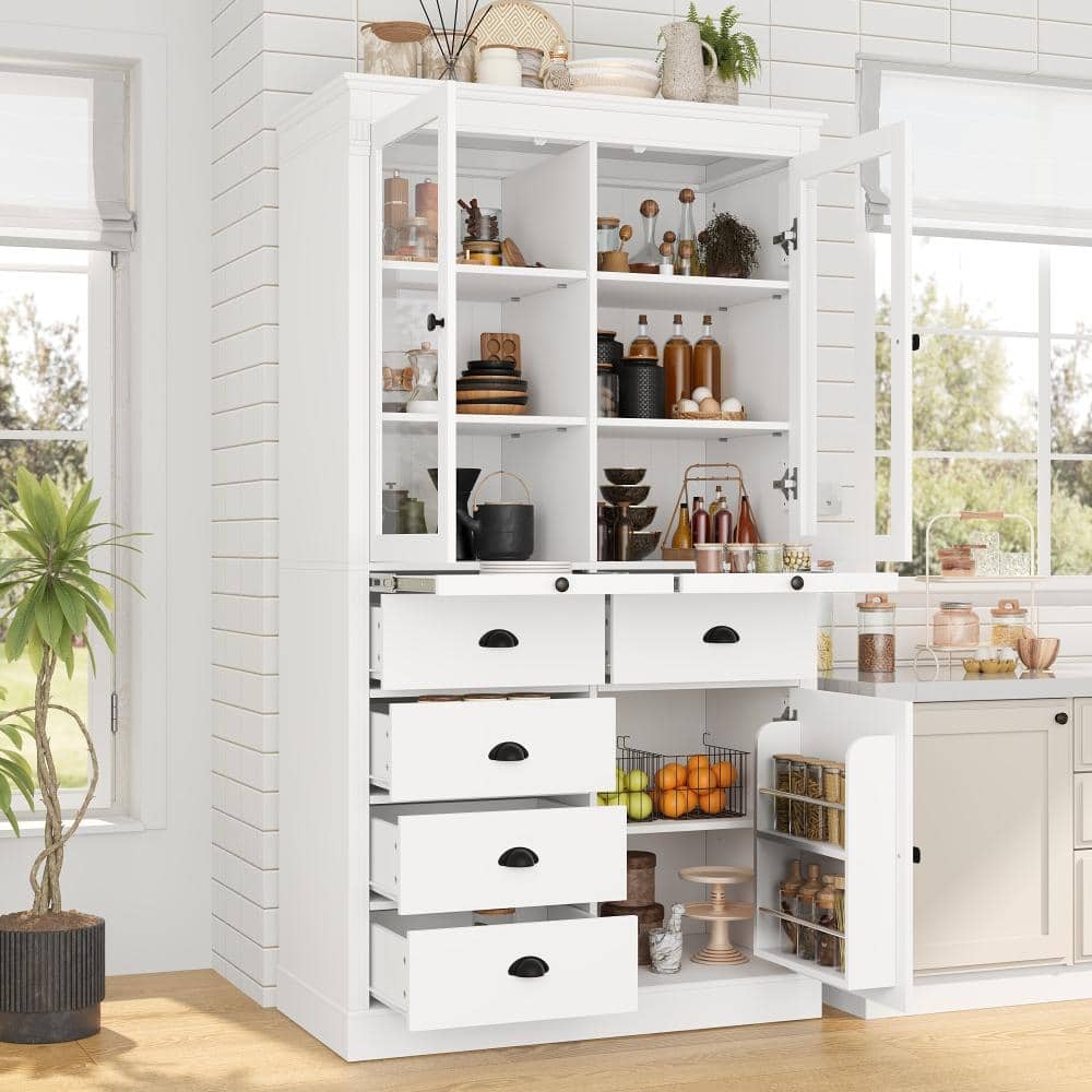 72" Kitchen Pantry Storage Cabinet with Drawers, Serving Trays and Door Shelves in White