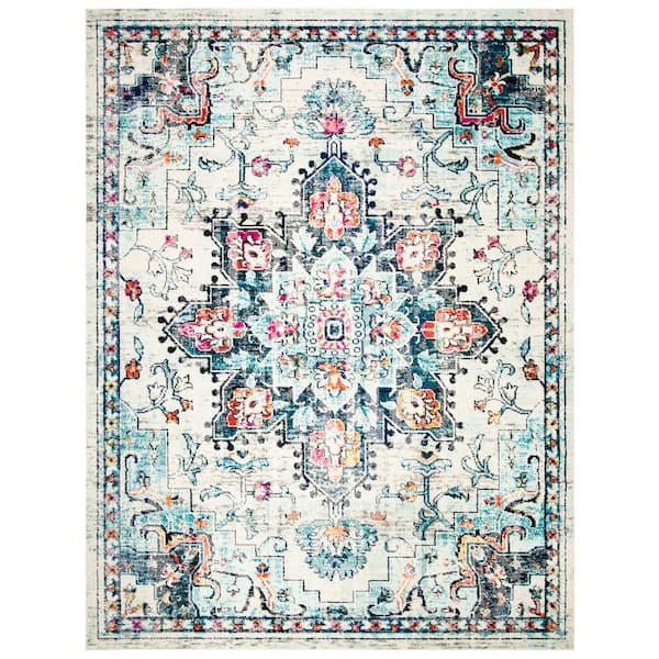 Madison Cream/Blue 12 ft. x 15 ft. Border Geometric Floral Medallion Area Rug