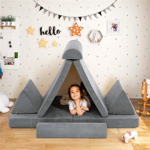 66 in. Rolled Arm 8-piece Suede Sponge Modular Kids Play Sofa Set Sectional Sofa in. Grey