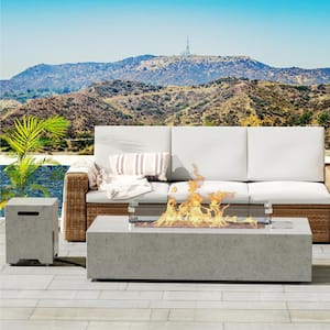 56 in. 50,000 BTU Rectangular Glass Fiber Reinforced Concrete Outdoor Fire Pit Table with Glass Wind Guard, Tank Cover