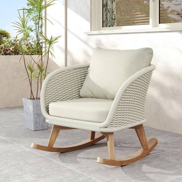 [Set of 2] Contemporary Minimalist Wood Outdoor Rocking Chair with Soft ...