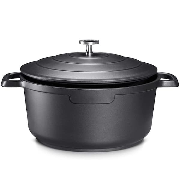 Dutch Oven Pot with Lid-5 QT Cast Aluminum Stock Pot with Two Handles for Baking Braising Roasting (Black)