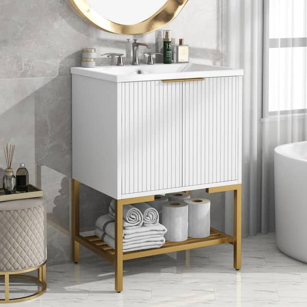 Aoibox 24inch White Bathroom Vanity Sink Combo for Small Space Modern Design with Ceramic Basin Gold Legs and Semi-Open Storage