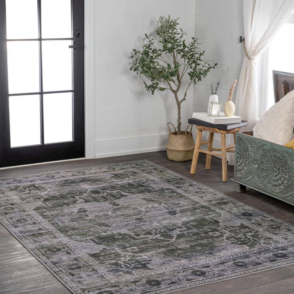 Alanya Dark Green and Gray Washable Synthetic Medallion Rug 4' x 6'