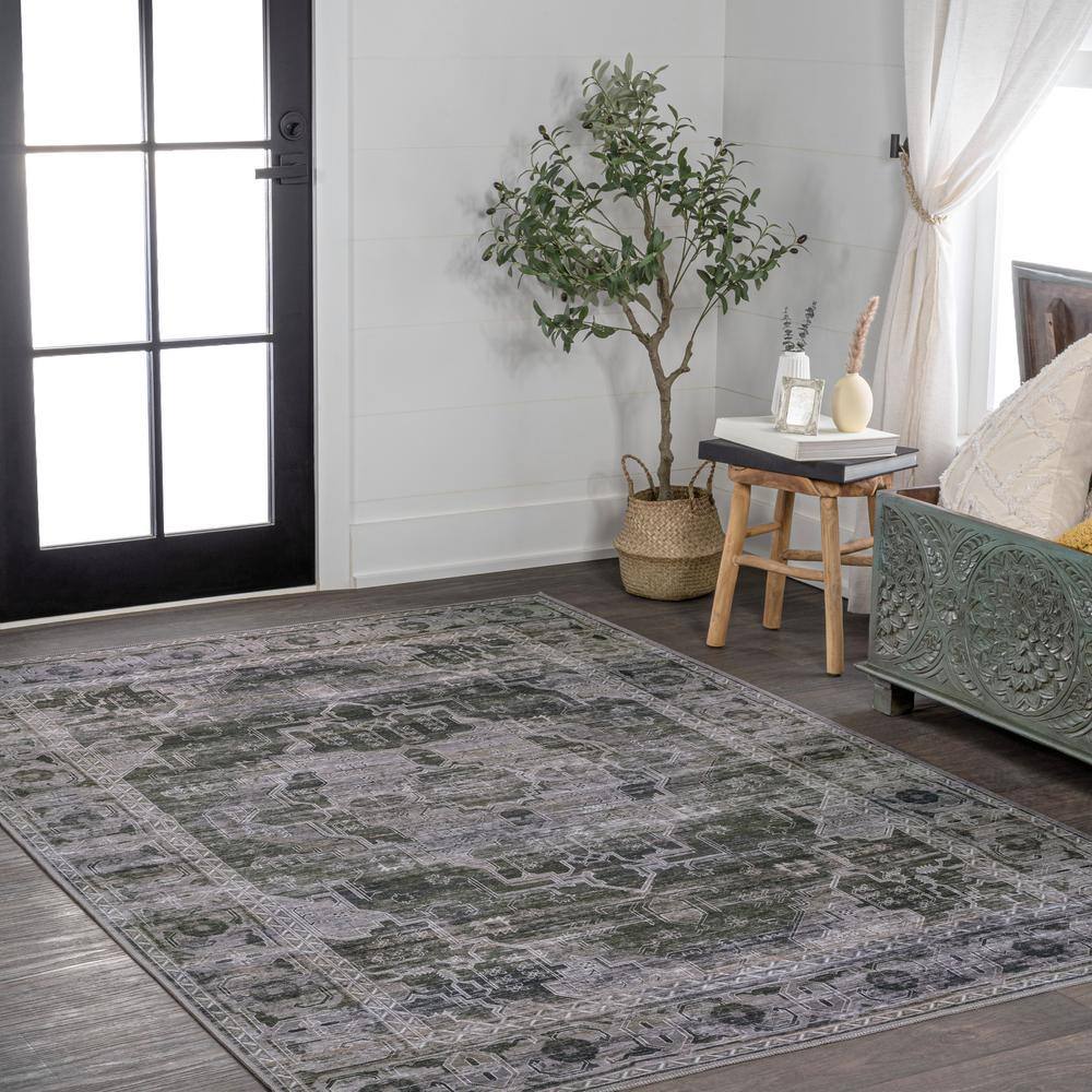 Alanya Dark Green and Gray Medallion Washable 8' x 10' Area Rug