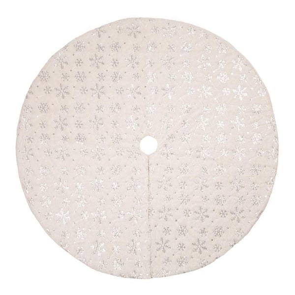 Glitzhome 48 in. D White Plush with Snowflake Christmas Tree Skirt ...