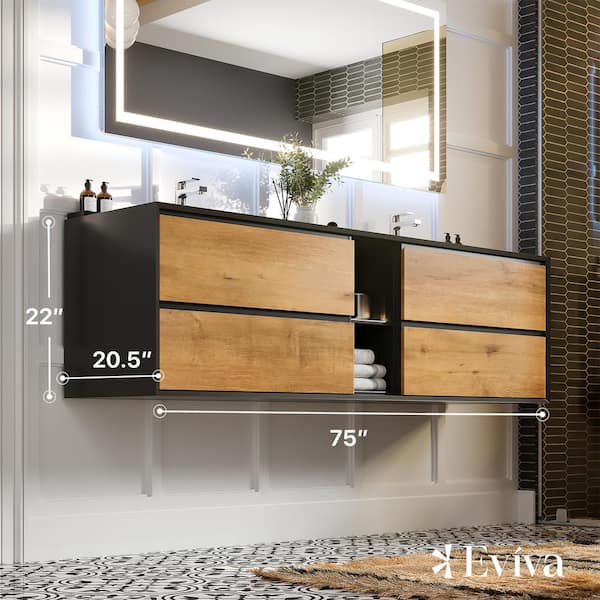 Vienna 75 in. W x 20.70 in. D x 21.60 in. H Floating Double Bathroom Vanity in Black-Oak with Acrylic Top in Black