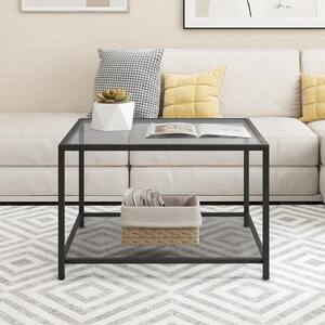 27.5 in. Grey Square Glass Coffee Table 2-Tier with Mesh Shelf Living Room