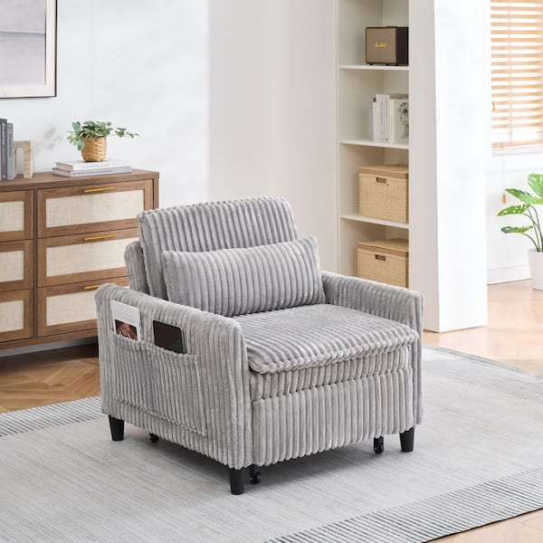 Unbranded Grey Corduroy Arm Chair Sleeper Sofa Single Couch Sofa Bed With Pillow Single Couch Fold Out Bed with Side Storage Bag
