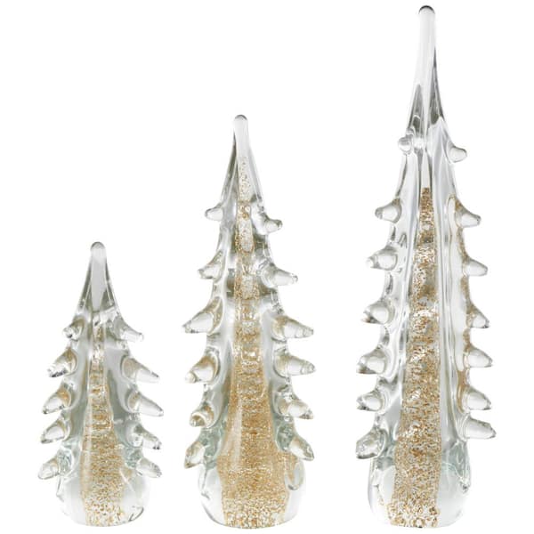 Litton Lane Gold Glass Dimensional Tree Sculpture with Gold Flake Accents Set of 3