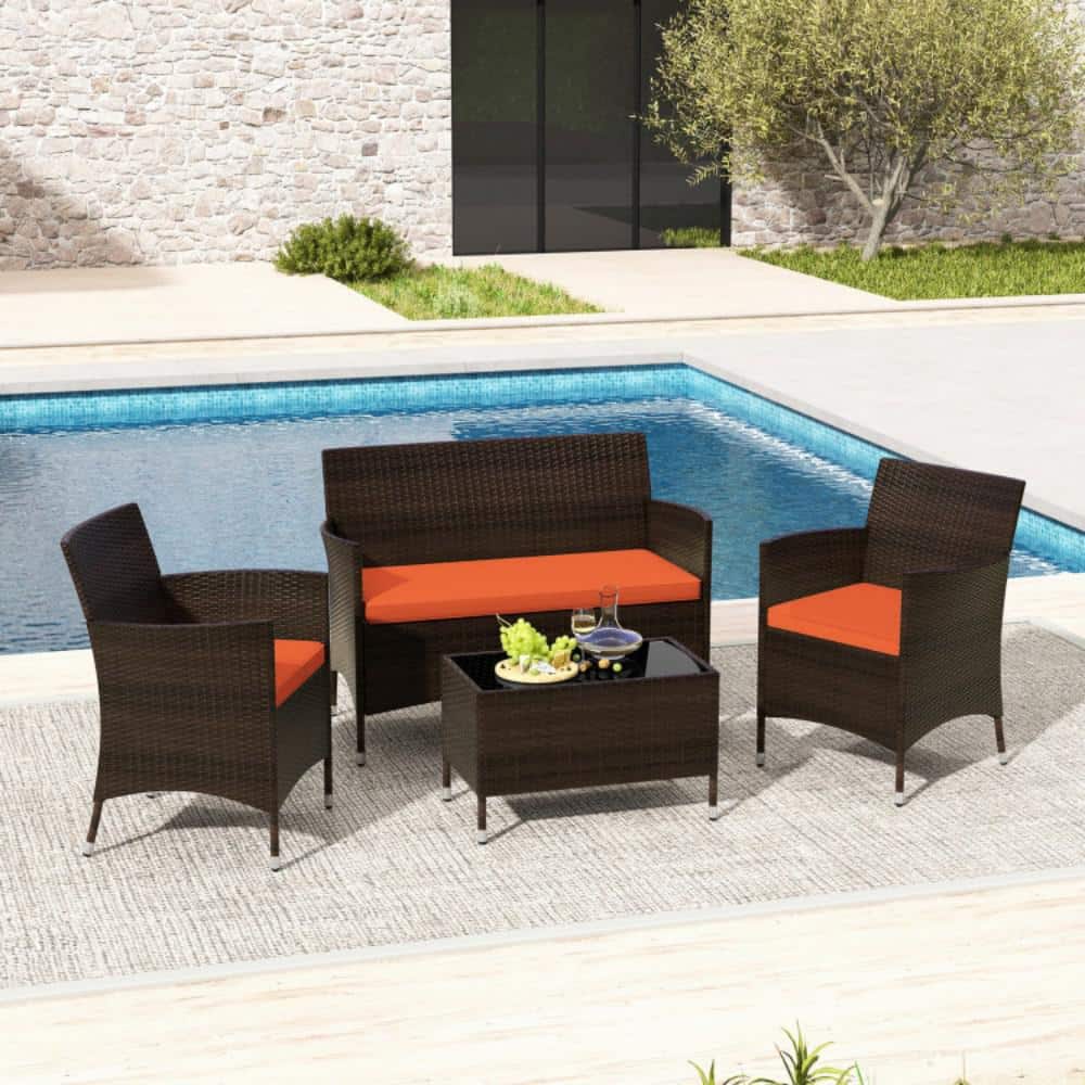 4-Piece Wicker Patio Conversation Set with Orange Cushions price history on PriceWatchPro