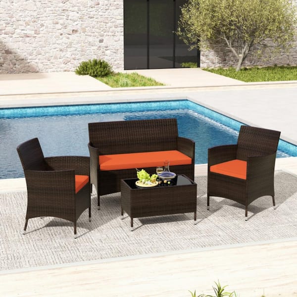 4-Piece Wicker Patio Conversation Set with Orange Cushions