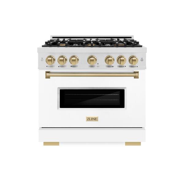 ZLINE Kitchen and Bath Autograph 36 in. Classic Dual Fuel Range with 6 Burners and Electric Oven in Satin Steel with White and Bronze Accents