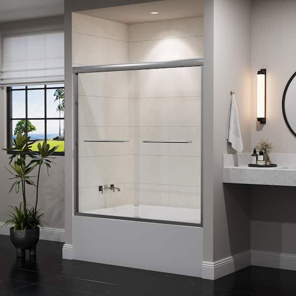 56 in. - 60 in. W x 60 in. H Double Sliding Semi-Frameless Tub Door in Brushed Nickel with Clear Glass