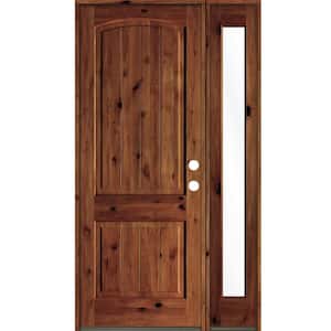 44 in. x 96 in. Rustic knotty alder Left-Hand/Inswing Clear Glass Red Chestnut Stain Wood Prehung Front Door with RFSL