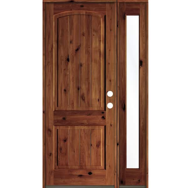 Krosswood Doors 50 in. x 96 in. Rustic knotty alder Left-Hand/Inswing Clear Glass Red Chestnut Stain Wood Prehung Front Door with RFSL