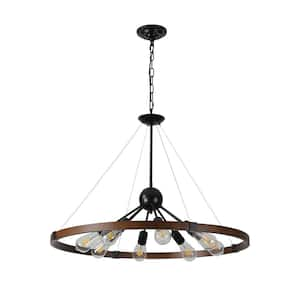 8-Light Retro Farmhouse Matte Black Walnut Color Metal Chandelier, Hanging Ceiling Light, Pendant Light Fixture