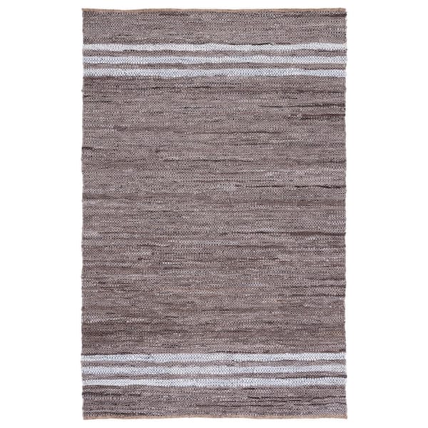 Vintage Leather 5 ft. x 8 ft. Silver/Ivory Border Striped Area Rug