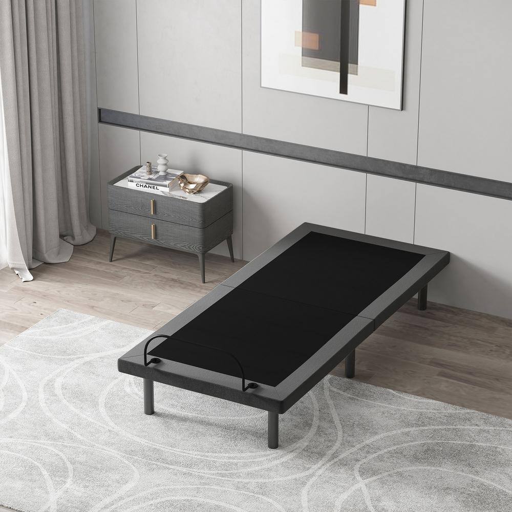 Twin XL Black Adjustable Metal Bed Frame with Upholstered Headboard