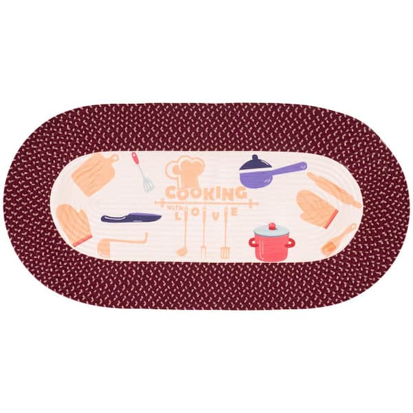 Braided Posters Ivory/Burgundy Red 2 ft. x 4 ft. Machine Washable Cooking Love Oval Area Rug