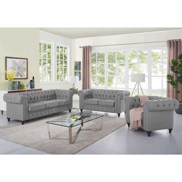 HOMESTOCK Chesterfield Sofa Set 3-Piece Gray Tufted Cushions with Rolled Arms, Top Material Faux Leather
