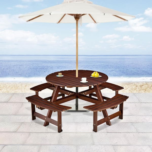 Unbranded 70.08 in. Brown Wood Round Picnic Tables Seats 8 People with Umbrella Hole and 4 Built-in Benches