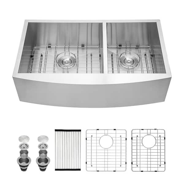 Logmey 36 in. x 20 in. Farmhouse/Apron-Front Kitchen Sink Double Bowl 60/40 16-Gauge Stainless Steel Sink