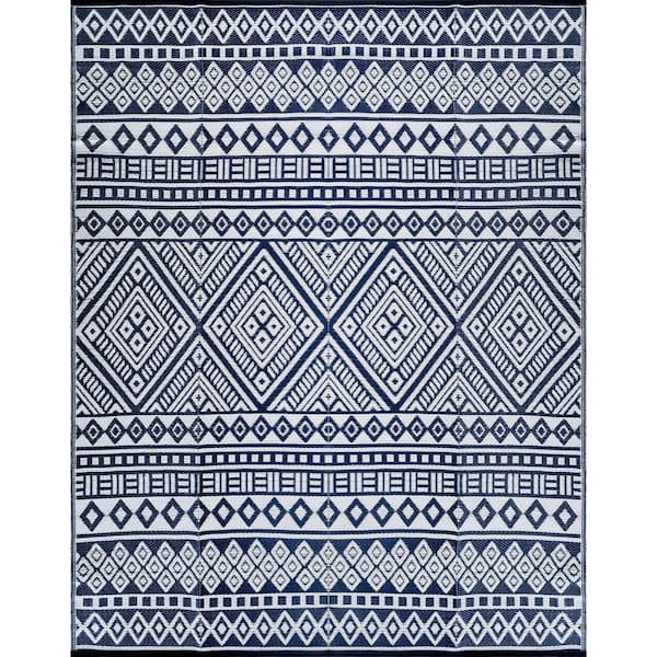 Lightweight White Navy 10 ft. x 14 ft. Moroccan Washable Trellis Reversible Indoor Outdoor Area Rug