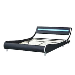 Black Plus White Leather Upholstered Wooden Frame Queen Size Platform Bed with Led Lighting and Wood Slat Support