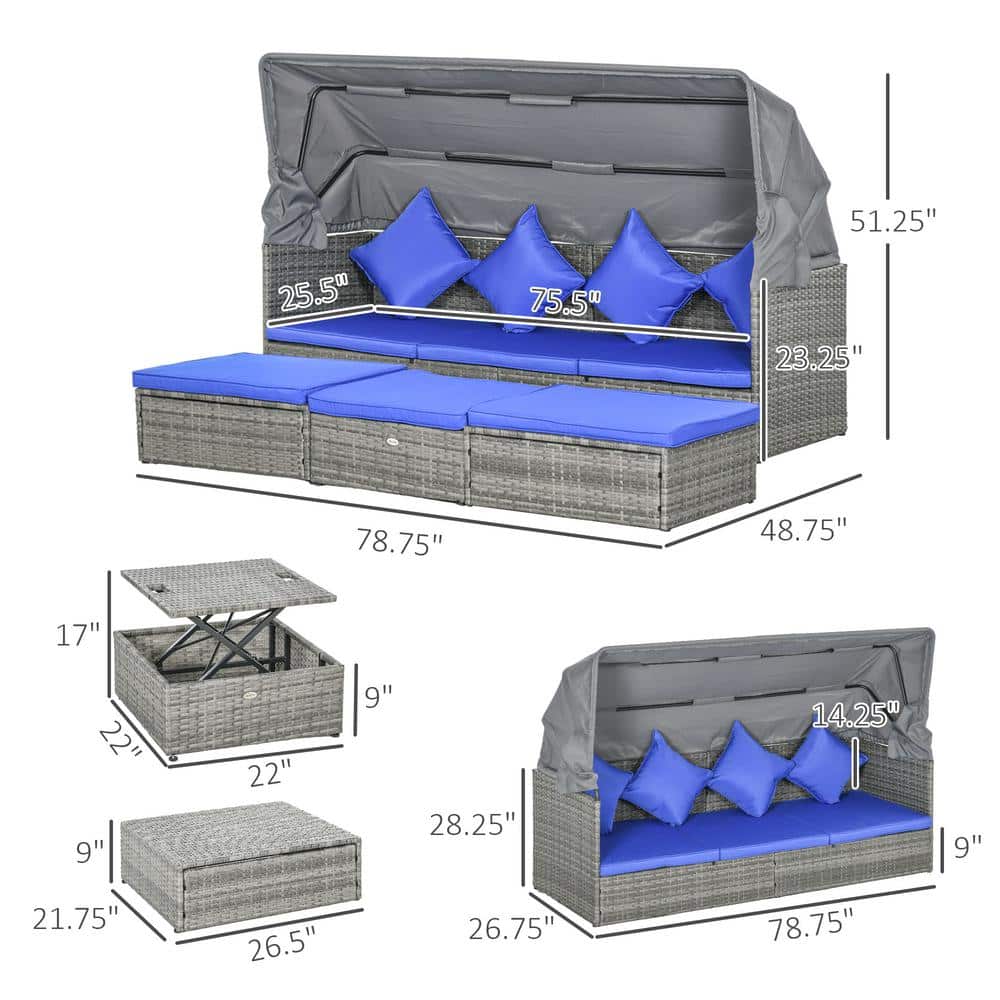 Dark Blue 6-Person Adjustable Canopy Outdoor Rattan Sofa Set