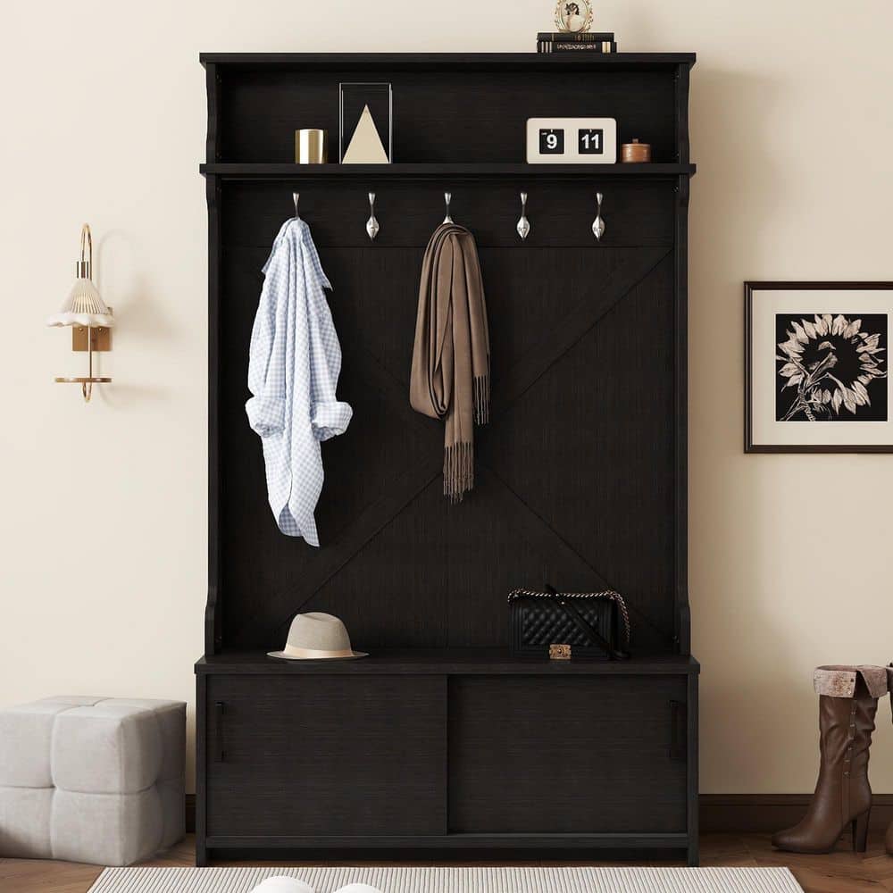47 in. W x 16 in. D x 75 in. H Black Linen Cabinet, Hall Tree with Top Shelf and Storage Bench, Hallway Shoe Cabinet price history on PriceWatchPro